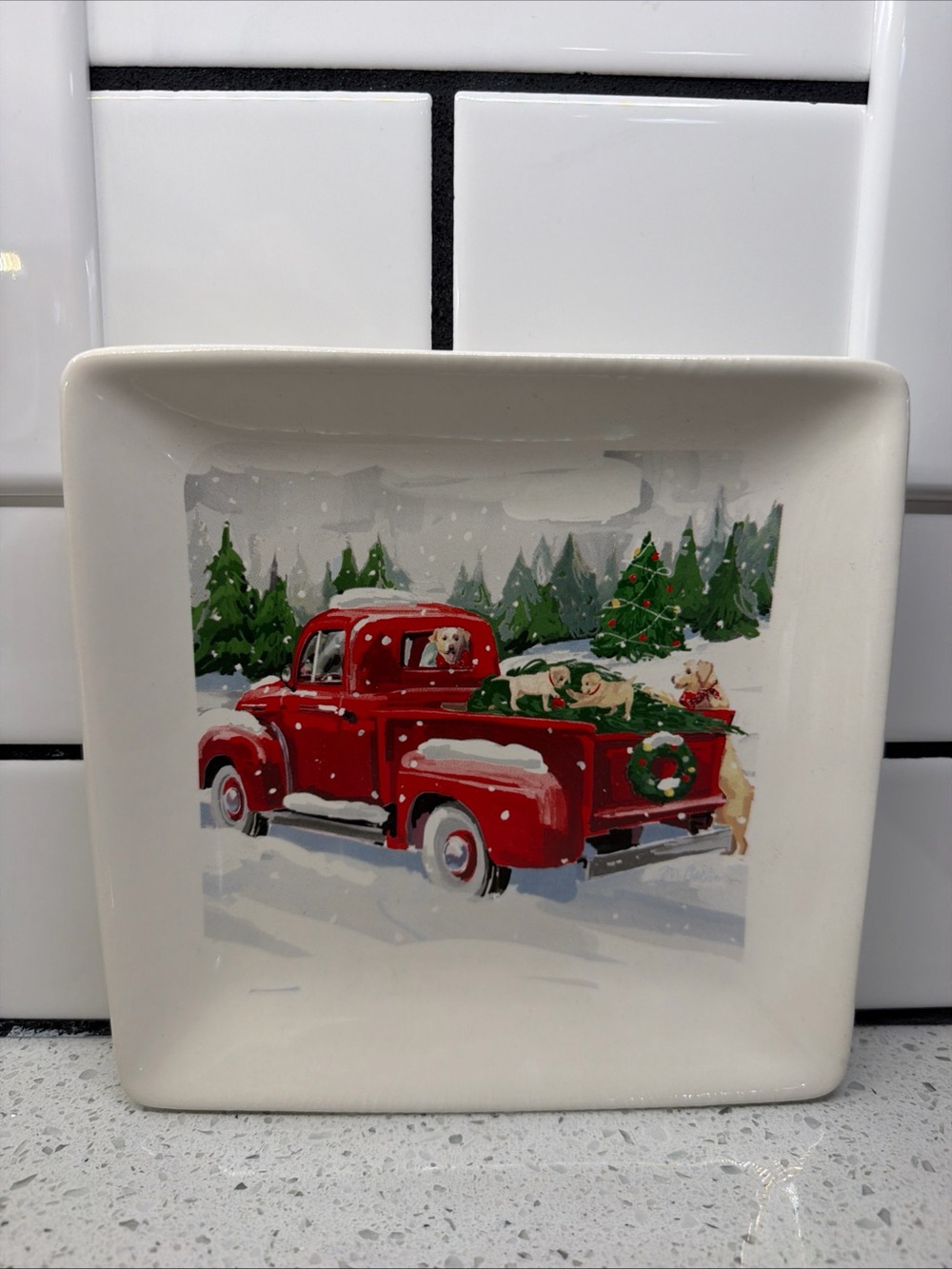 NEW Magenta Rae Dun Square Christmas Plate W/Red Truck 7”